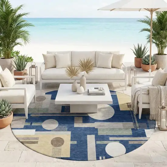 8' Navy Blue And Blue Round Geometric Washable Indoor Outdoor Area Rug Photo 1