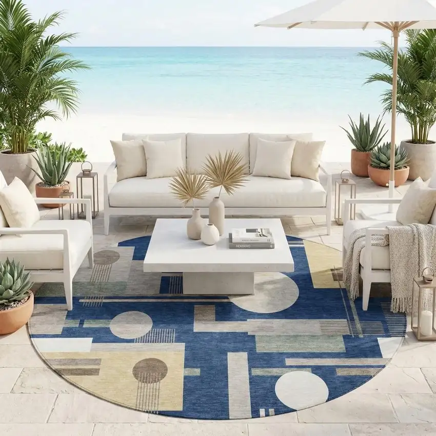 8' Navy Blue And Blue Round Geometric Washable Indoor Outdoor Area Rug Photo 1