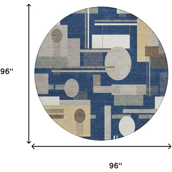 8' Navy Blue And Blue Round Geometric Washable Indoor Outdoor Area Rug Photo 5