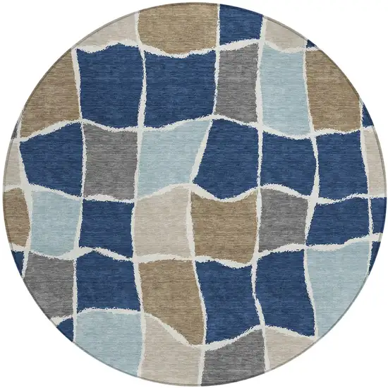 8' Navy Blue And Blue Round Geometric Washable Indoor Outdoor Area Rug Photo 2