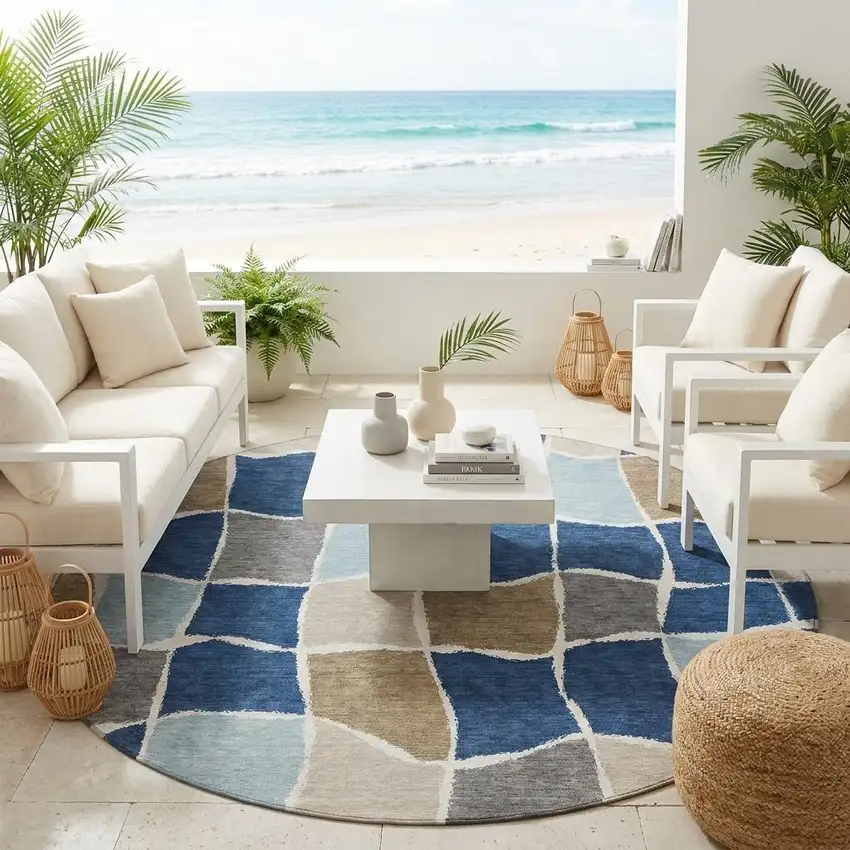 8' Navy Blue And Blue Round Geometric Washable Indoor Outdoor Area Rug Photo 1