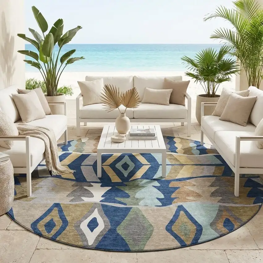 8' Navy Blue And Blue Round Geometric Washable Indoor Outdoor Area Rug Photo 1