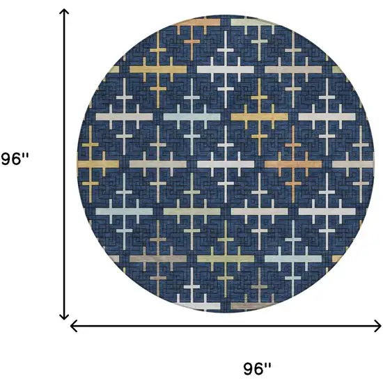 8' Navy Blue And Blue Round Geometric Washable Indoor Outdoor Area Rug Photo 5