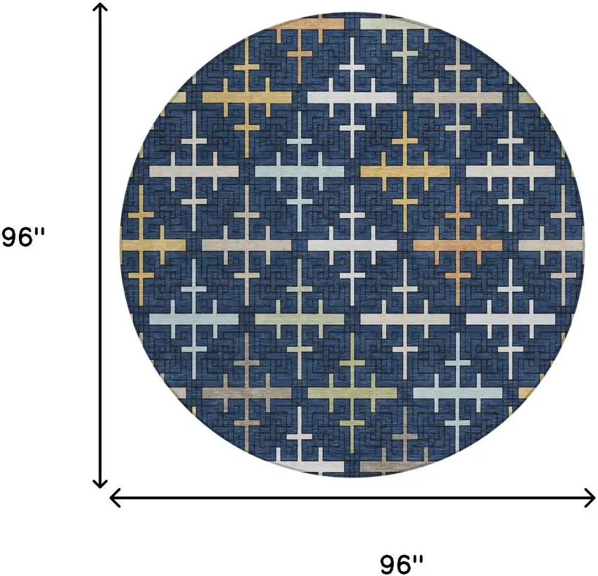 8' Navy Blue And Blue Round Geometric Washable Indoor Outdoor Area Rug Photo 5