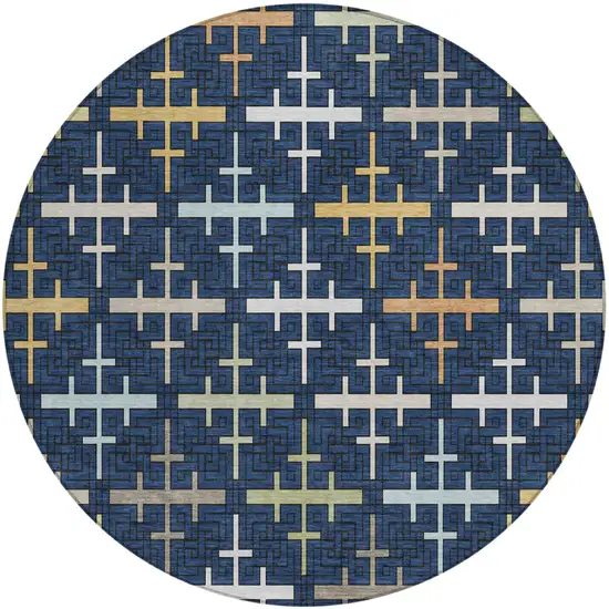 8' Navy Blue And Blue Round Geometric Washable Indoor Outdoor Area Rug Photo 2