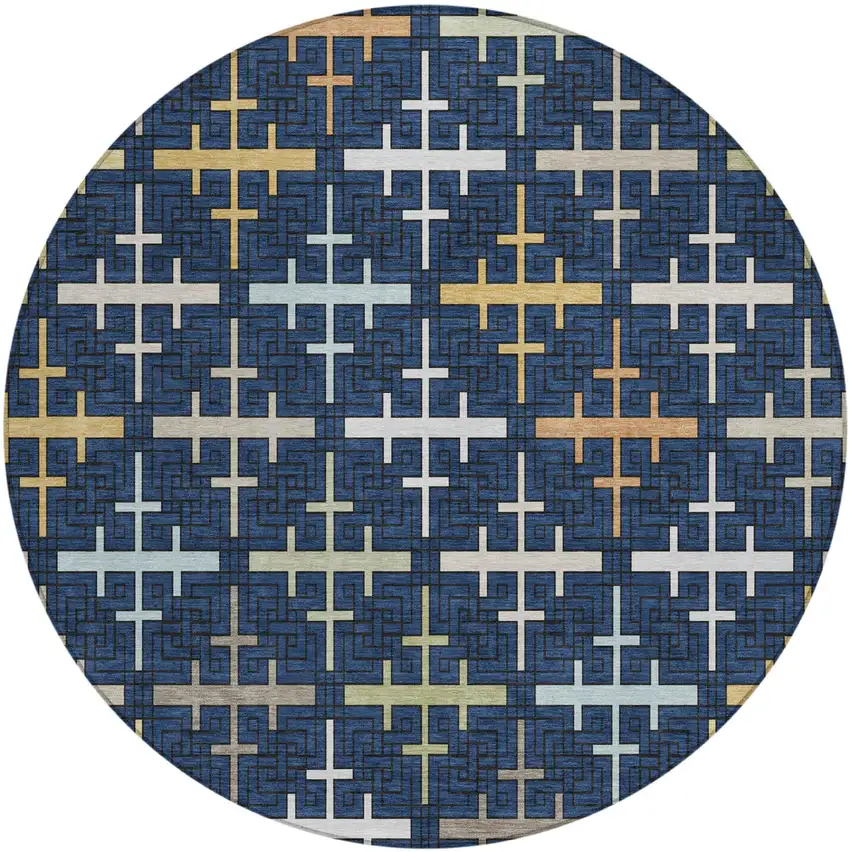 8' Navy Blue And Blue Round Geometric Washable Indoor Outdoor Area Rug Photo 2