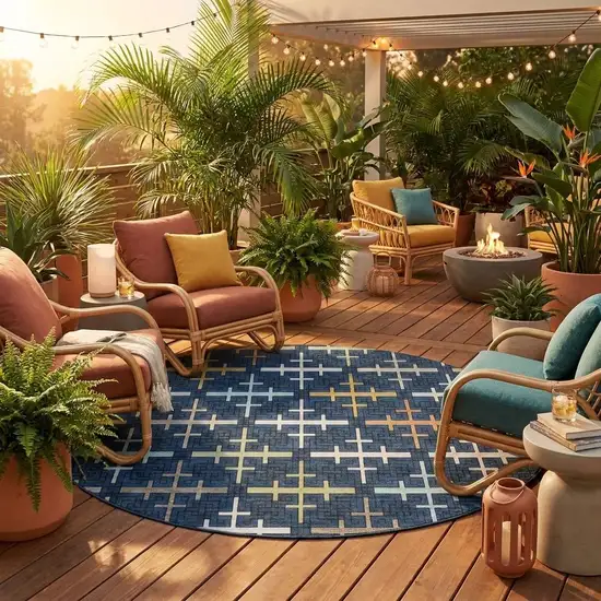 8' Navy Blue And Blue Round Geometric Washable Indoor Outdoor Area Rug Photo 1