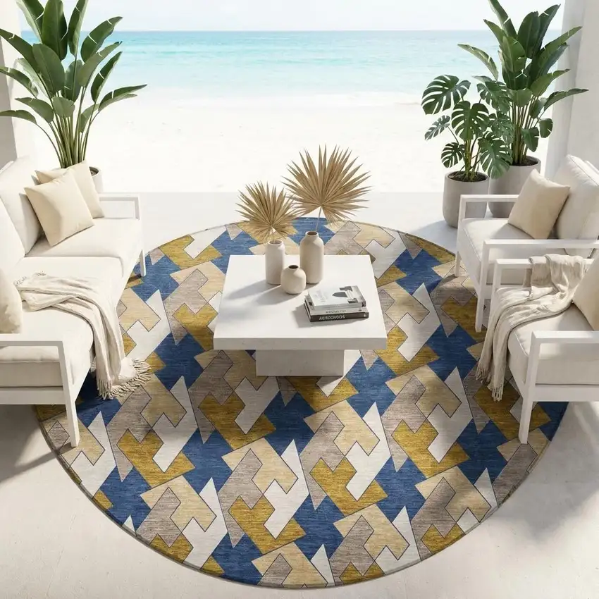 8' Navy Blue And Blue Round Geometric Washable Indoor Outdoor Area Rug Photo 1