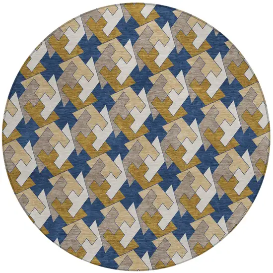 8' Navy Blue And Blue Round Geometric Washable Indoor Outdoor Area Rug Photo 2