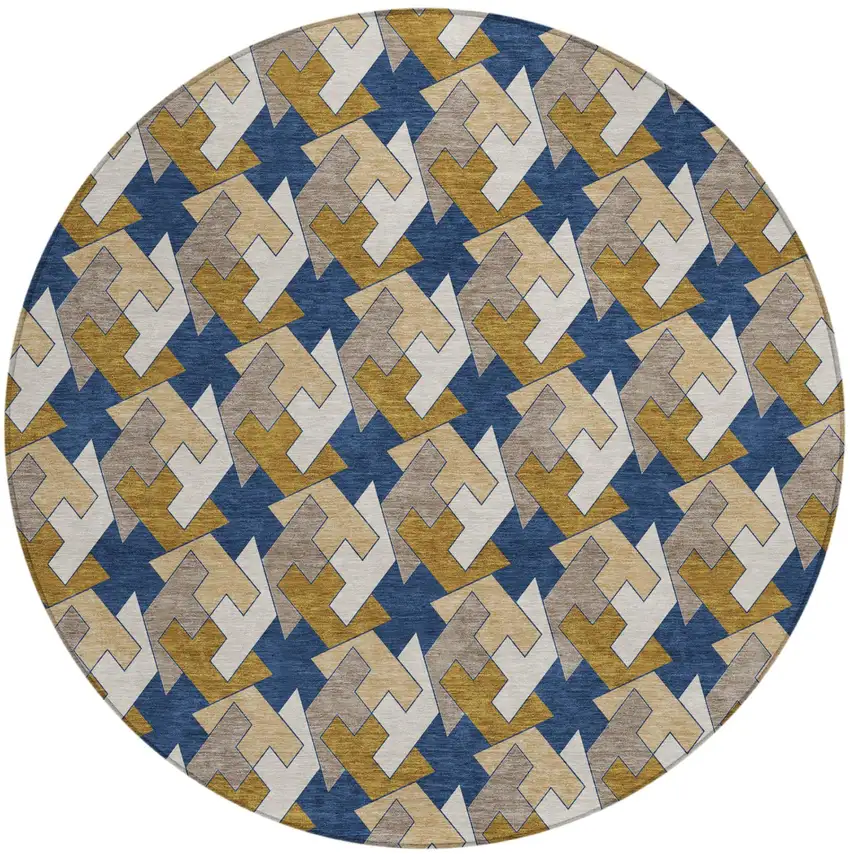 8' Navy Blue And Blue Round Geometric Washable Indoor Outdoor Area Rug Photo 2