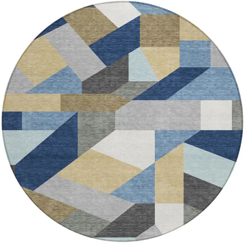 8' Navy Blue And Blue Round Geometric Washable Indoor Outdoor Area Rug Photo 4