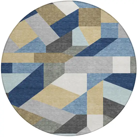 8' Navy Blue And Blue Round Geometric Washable Indoor Outdoor Area Rug Photo 4