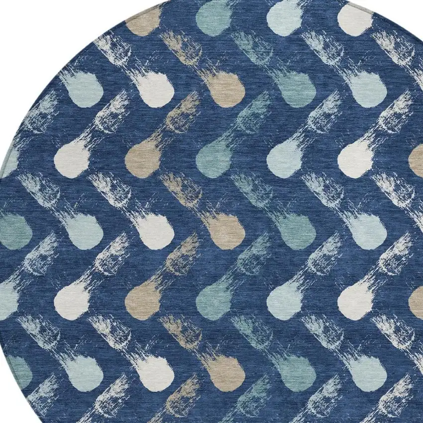 8' Navy Blue And Blue Round Geometric Washable Indoor Outdoor Area Rug Photo 2