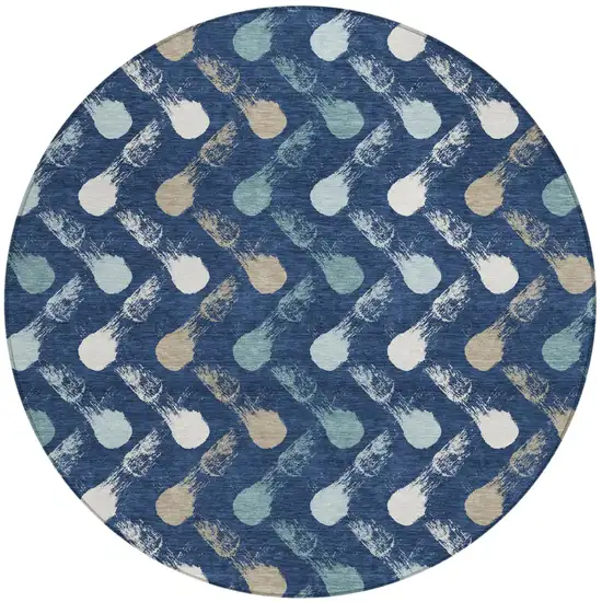 8' Navy Blue And Blue Round Geometric Washable Indoor Outdoor Area Rug Photo 1