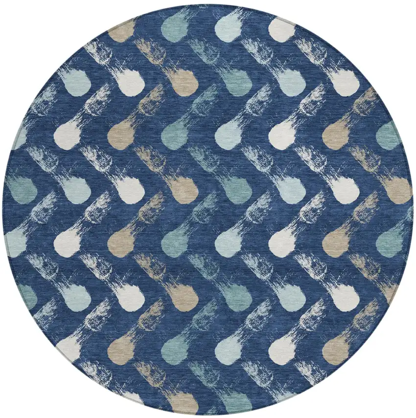 8' Navy Blue And Blue Round Geometric Washable Indoor Outdoor Area Rug Photo 1