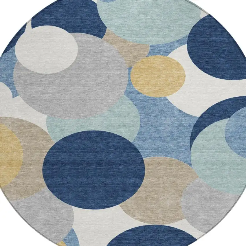 8' Navy Blue And Blue Round Geometric Washable Indoor Outdoor Area Rug Photo 3
