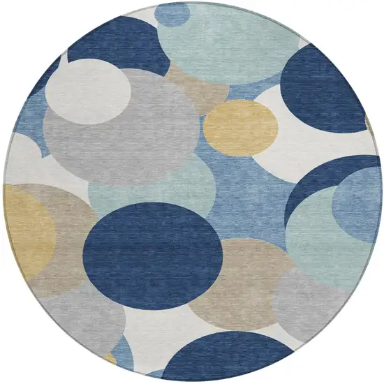 8' Navy Blue And Blue Round Geometric Washable Indoor Outdoor Area Rug Photo 1