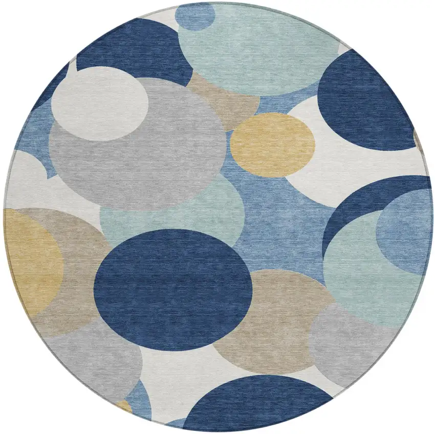 8' Navy Blue And Blue Round Geometric Washable Indoor Outdoor Area Rug Photo 1