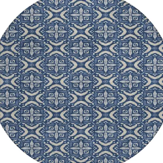 8' Navy Blue And Blue Round Geometric Washable Indoor Outdoor Area Rug Photo 3