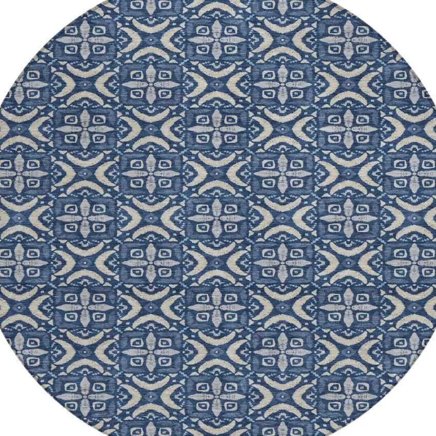 8' Navy Blue And Blue Round Geometric Washable Indoor Outdoor Area Rug Photo 3