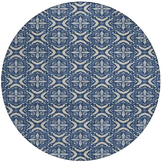 8' Navy Blue And Blue Round Geometric Washable Indoor Outdoor Area Rug Photo 1