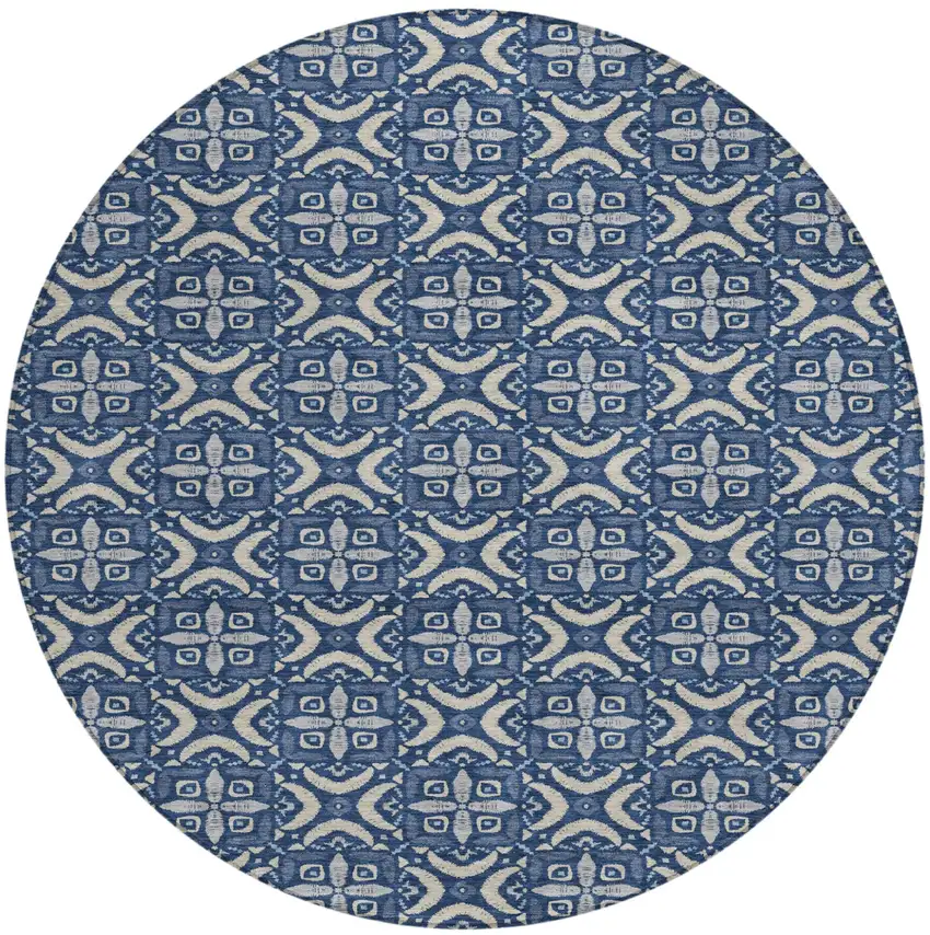 8' Navy Blue And Blue Round Geometric Washable Indoor Outdoor Area Rug Photo 1