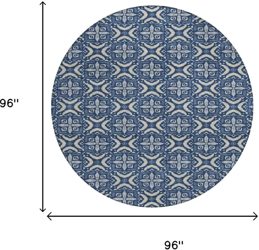 8' Navy Blue And Blue Round Geometric Washable Indoor Outdoor Area Rug Photo 6