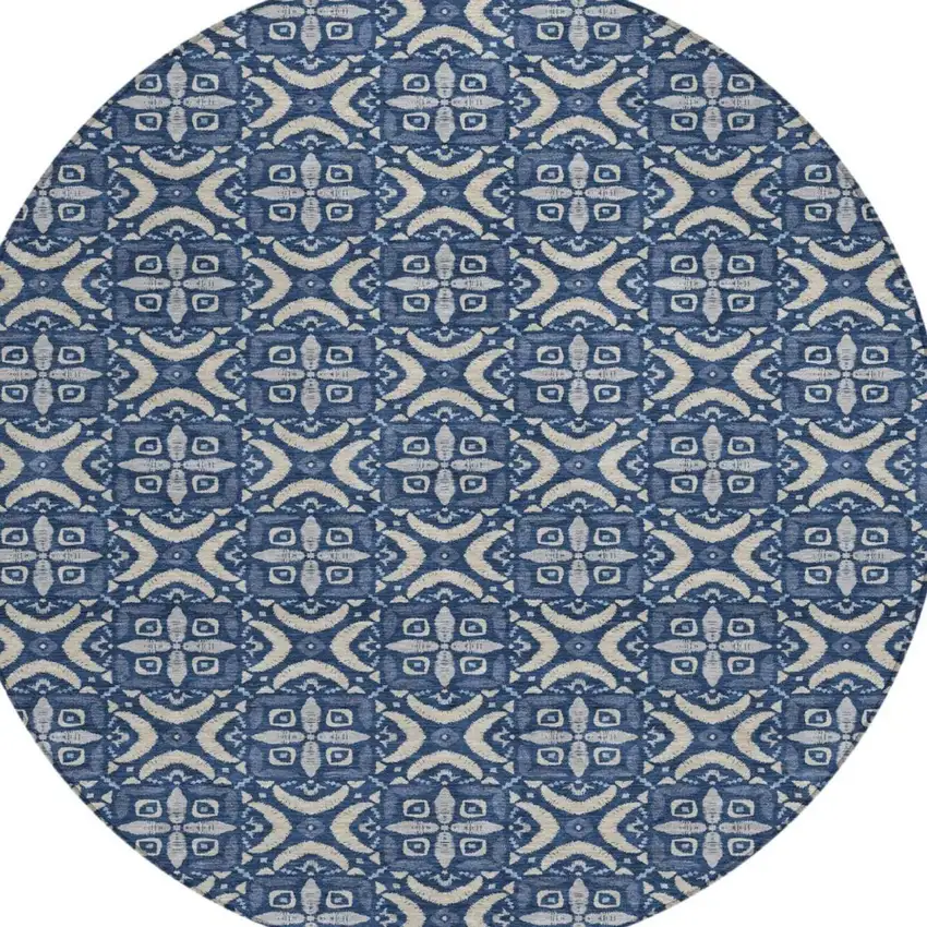 8' Navy Blue And Blue Round Geometric Washable Indoor Outdoor Area Rug Photo 2