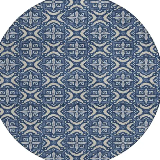 8' Navy Blue And Blue Round Geometric Washable Indoor Outdoor Area Rug Photo 2