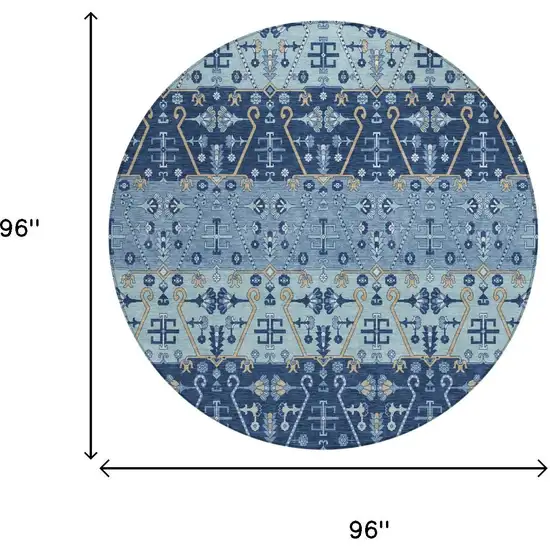 8' Navy Blue And Blue Round Oriental Washable Indoor Outdoor Area Rug Photo 5