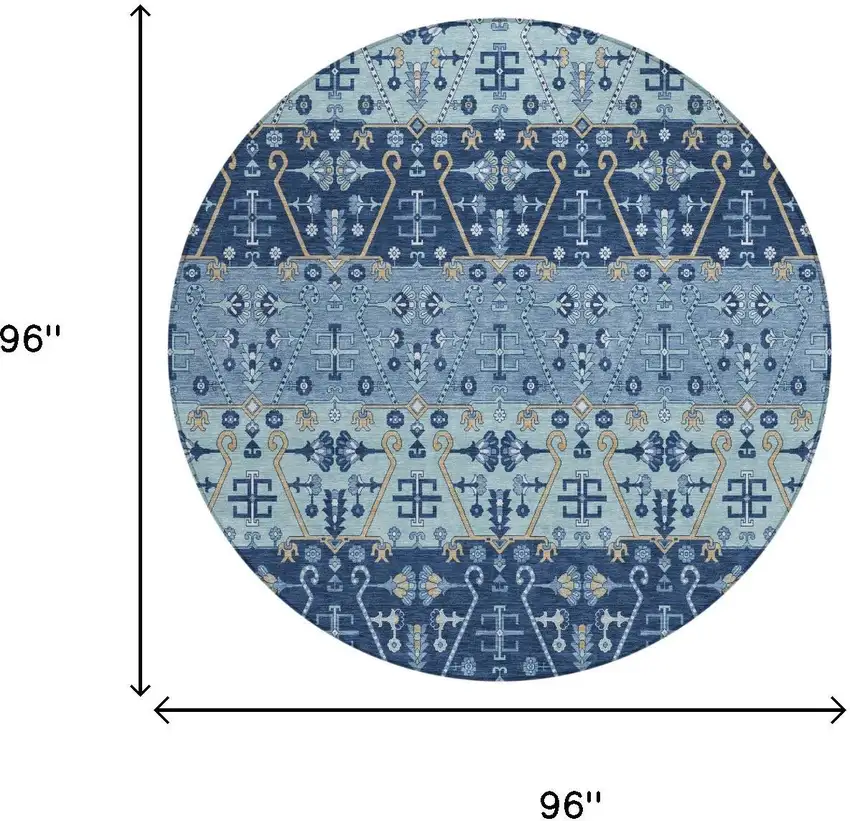 8' Navy Blue And Blue Round Oriental Washable Indoor Outdoor Area Rug Photo 5