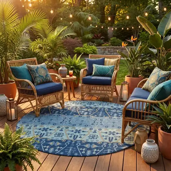 8' Navy Blue And Blue Round Oriental Washable Indoor Outdoor Area Rug Photo 1
