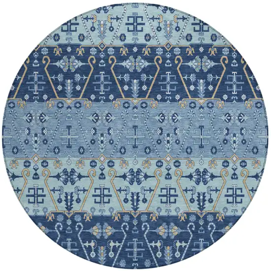 8' Navy Blue And Blue Round Oriental Washable Indoor Outdoor Area Rug Photo 2