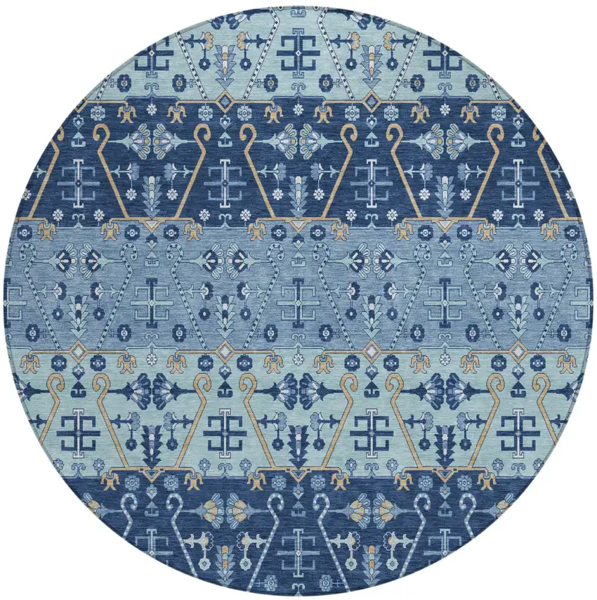 8' Navy Blue And Blue Round Oriental Washable Indoor Outdoor Area Rug Photo 2