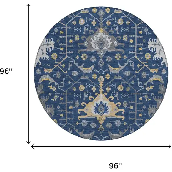 8' Navy Blue And Blue Round Oriental Washable Indoor Outdoor Area Rug Photo 5