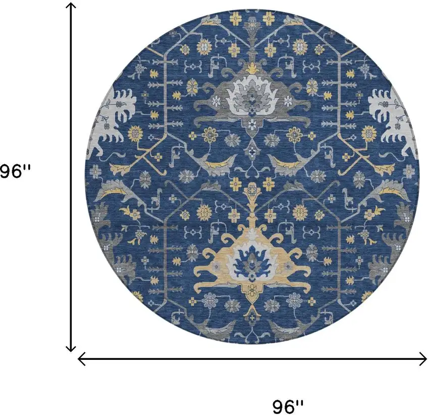 8' Navy Blue And Blue Round Oriental Washable Indoor Outdoor Area Rug Photo 5