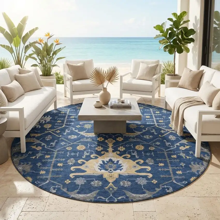 8' Navy Blue And Blue Round Oriental Washable Indoor Outdoor Area Rug Photo 1