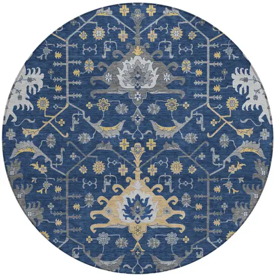8' Navy Blue And Blue Round Oriental Washable Indoor Outdoor Area Rug Photo 2