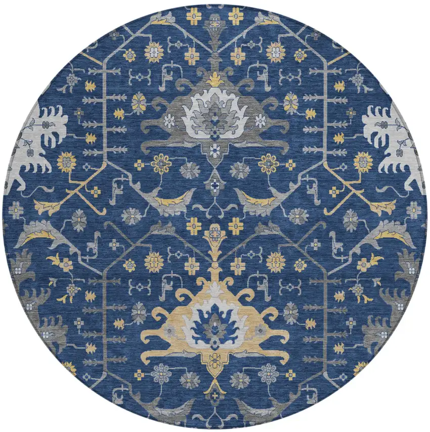 8' Navy Blue And Blue Round Oriental Washable Indoor Outdoor Area Rug Photo 2