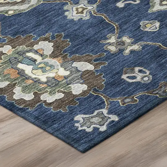 8' Navy Blue And Blue Round Oriental Washable Indoor Outdoor Area Rug Photo 3