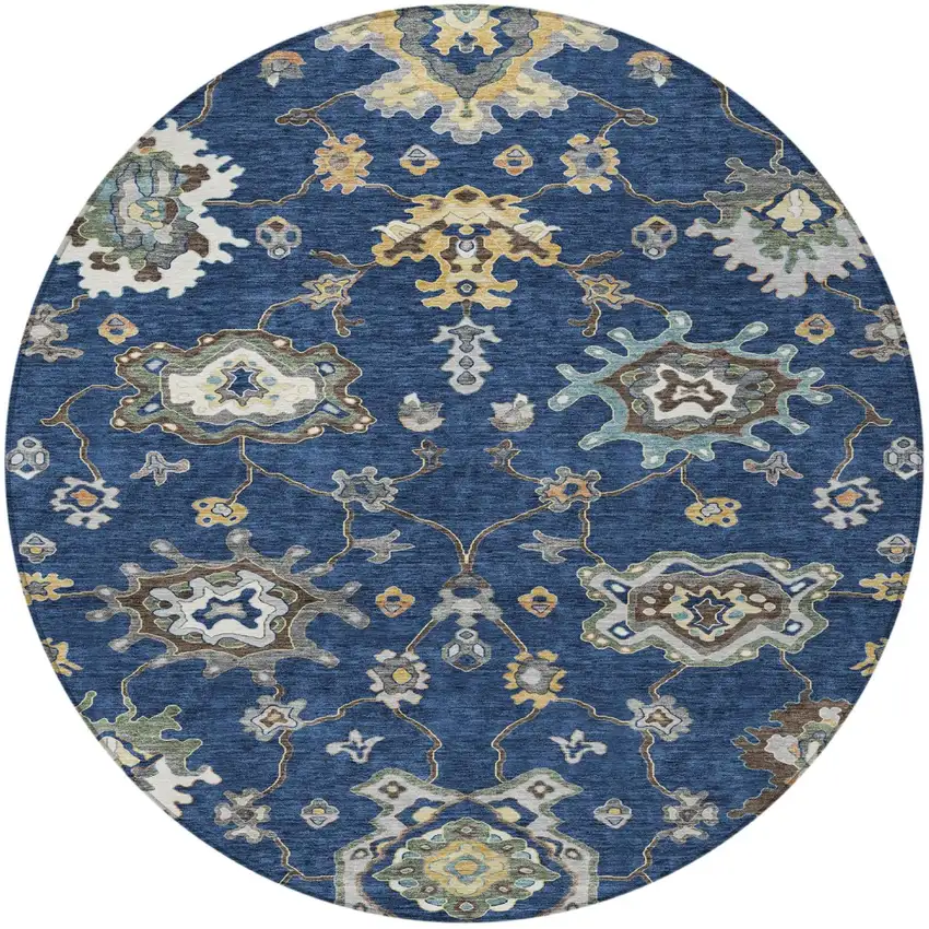 8' Navy Blue And Blue Round Oriental Washable Indoor Outdoor Area Rug Photo 1