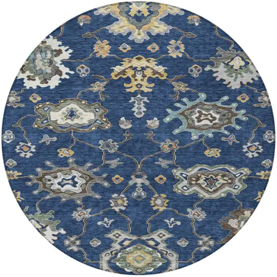 8' Navy Blue And Blue Round Oriental Washable Indoor Outdoor Area Rug Photo 1