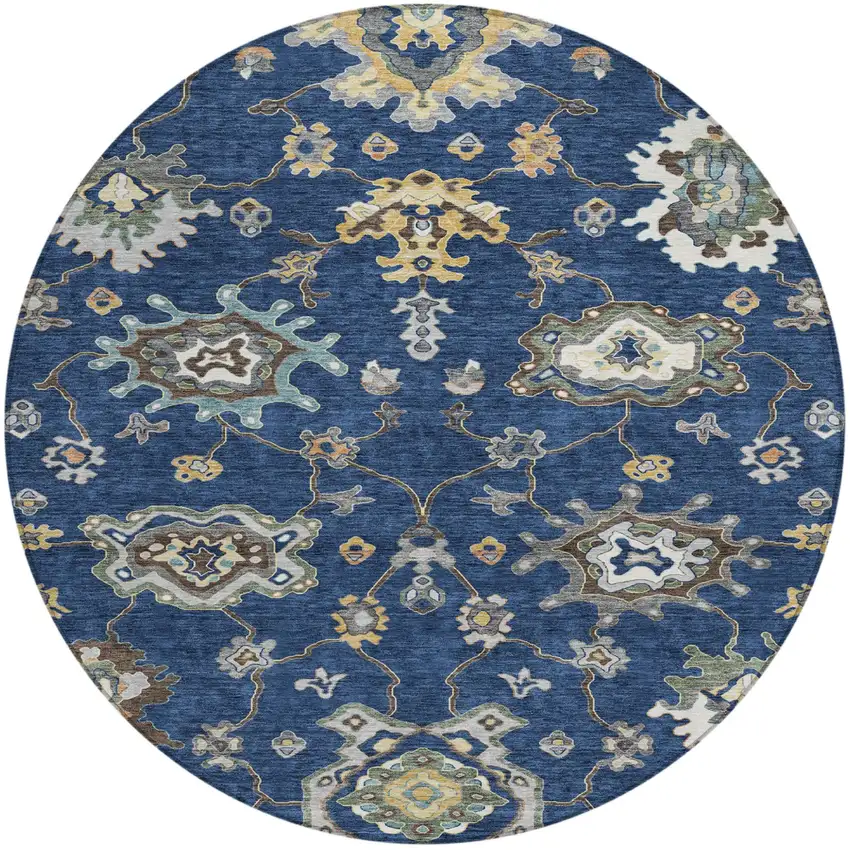 8' Navy Blue And Blue Round Oriental Washable Indoor Outdoor Area Rug Photo 2