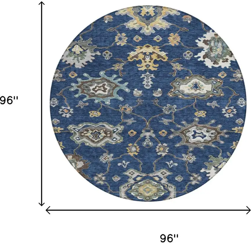 8' Navy Blue And Blue Round Oriental Washable Indoor Outdoor Area Rug Photo 5