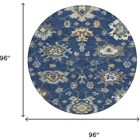 8' Navy Blue And Blue Round Oriental Washable Indoor Outdoor Area Rug Photo 5