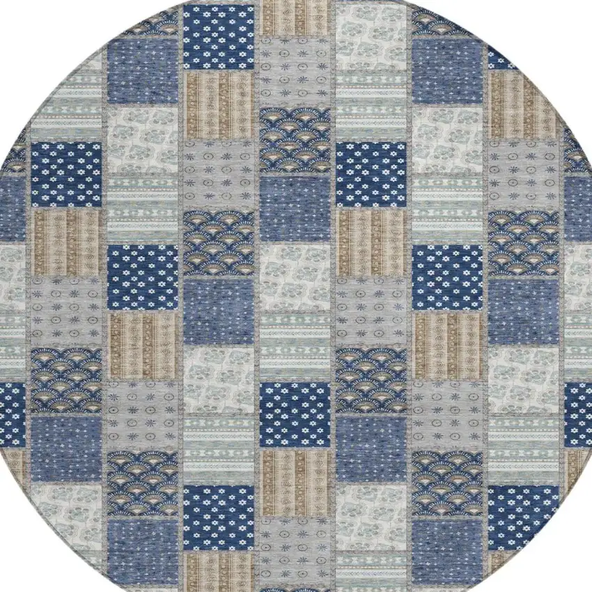 8' Navy Blue And Blue Round Patchwork Washable Indoor Outdoor Area Rug Photo 2