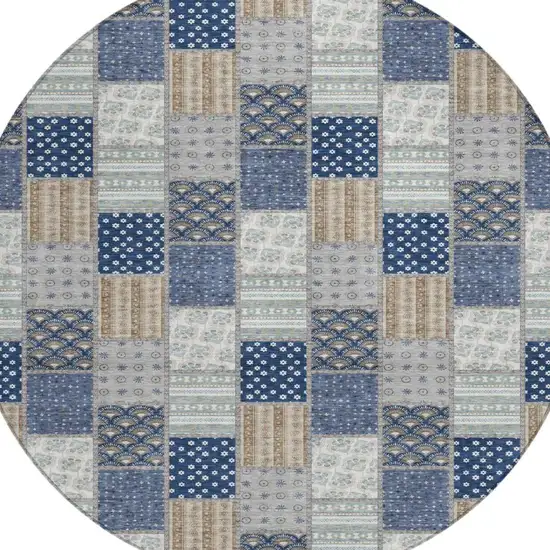 8' Navy Blue And Blue Round Patchwork Washable Indoor Outdoor Area Rug Photo 3