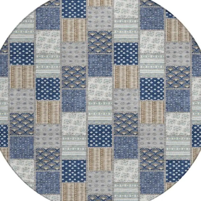 8' Navy Blue And Blue Round Patchwork Washable Indoor Outdoor Area Rug Photo 3
