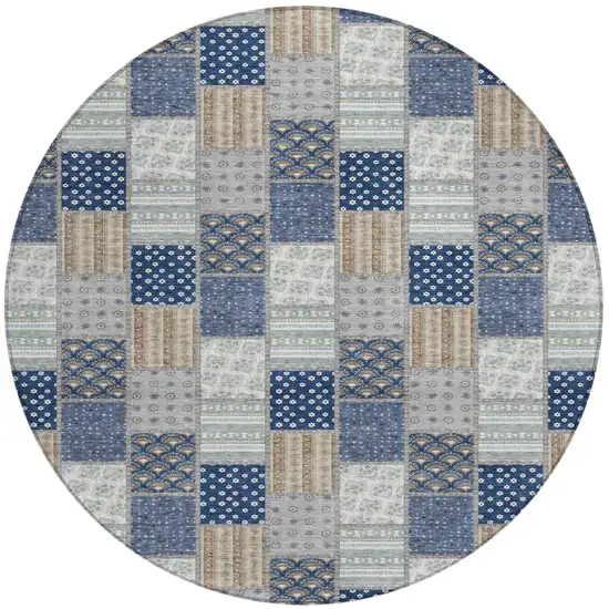 8' Navy Blue And Blue Round Patchwork Washable Indoor Outdoor Area Rug Photo 1