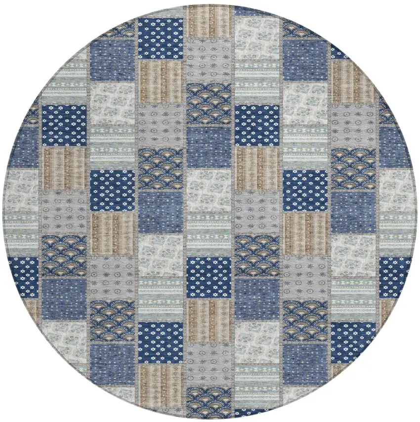 8' Navy Blue And Blue Round Patchwork Washable Indoor Outdoor Area Rug Photo 1